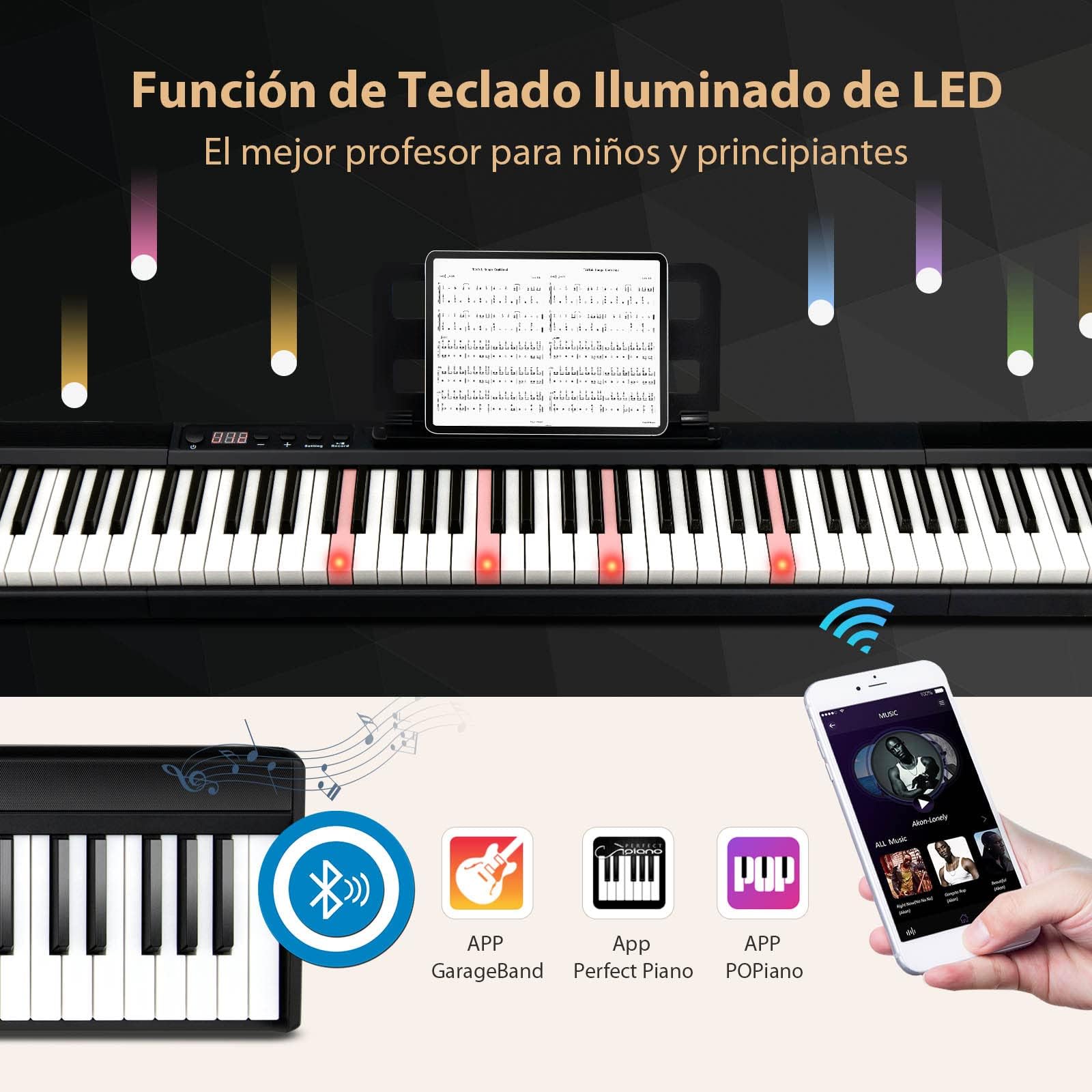 COSTWAY Piano Digital de 88 Teclas, Teclado Piano Electrónico Portátil con Bolsa, Pedal de Sostenido, Cargador, Conexión Bluetooth, Modo de Enseñanza, Piano Doméstico para Niños y Adultos