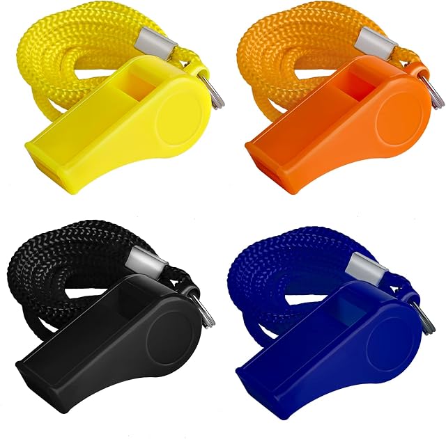 SAVITA 4 Pcs Plastic Whistles with Lanyard, Sport Whistle in Training Survival Emergency Sports for Coach Teacher Dog Training (Black, Blue, Orange and Yellow)