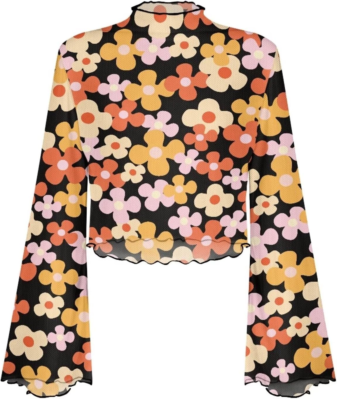 Jndtueit Hippy Floral Women's Mesh Top Mock Neck Flounce Long Sleeve Crop Tee Top Lettuce Trim Bell Sleeve Top Sheer Tops