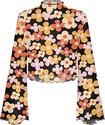 Jndtueit Hippy Floral Womens Mesh Top Mock Neck Flounce Long Sleeve Crop Tee Top Lettuce Trim Bell Sleeve Top Sheer Tops