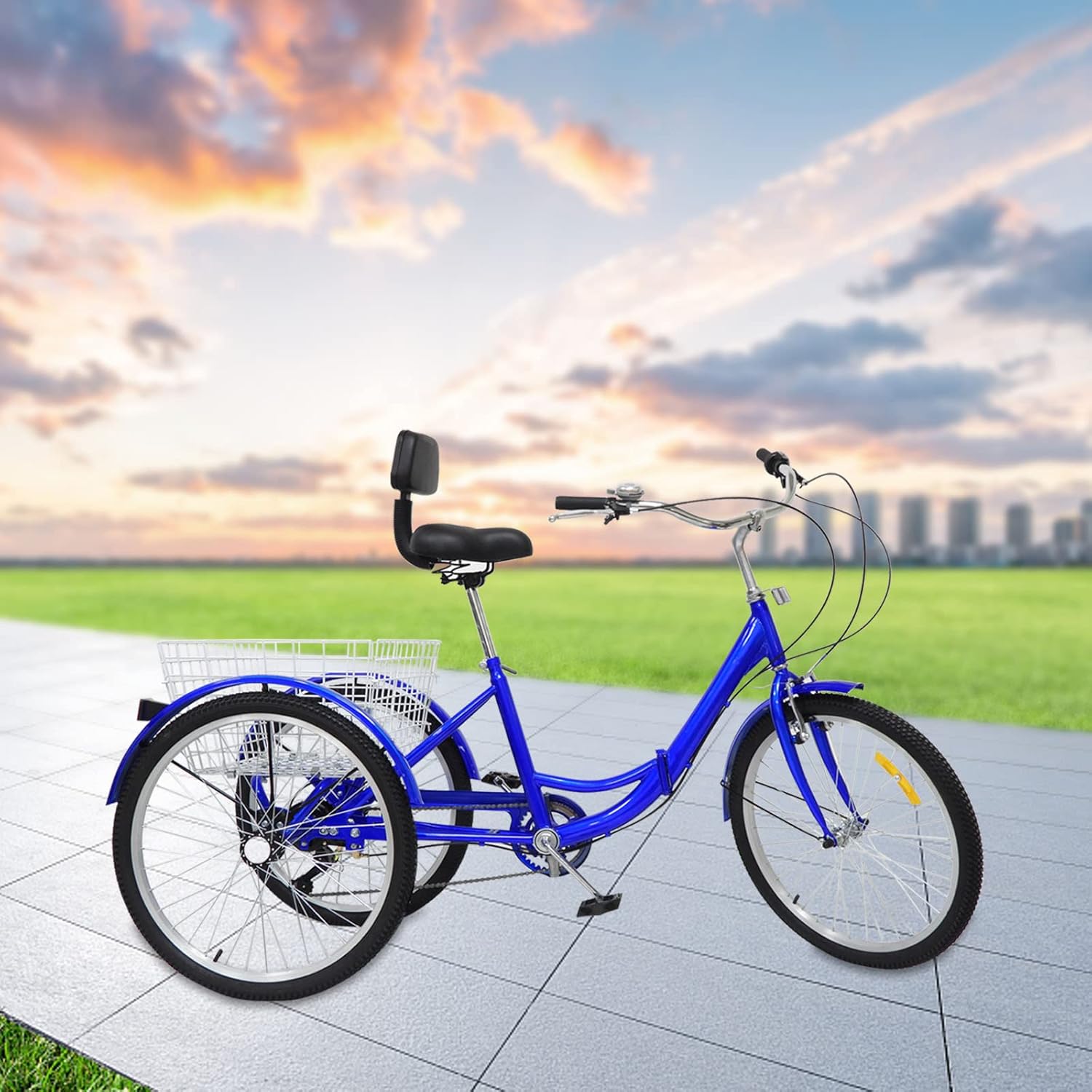 24 Inch Folding Adult Tricycle, 7 Speed Adult Trike 3 Wheel Cargo Bike with High-Carbon Steel Frame, Three Wheel Bike with Basket and Backrest, for Men, Women, The Elderly, and Adults, Blue