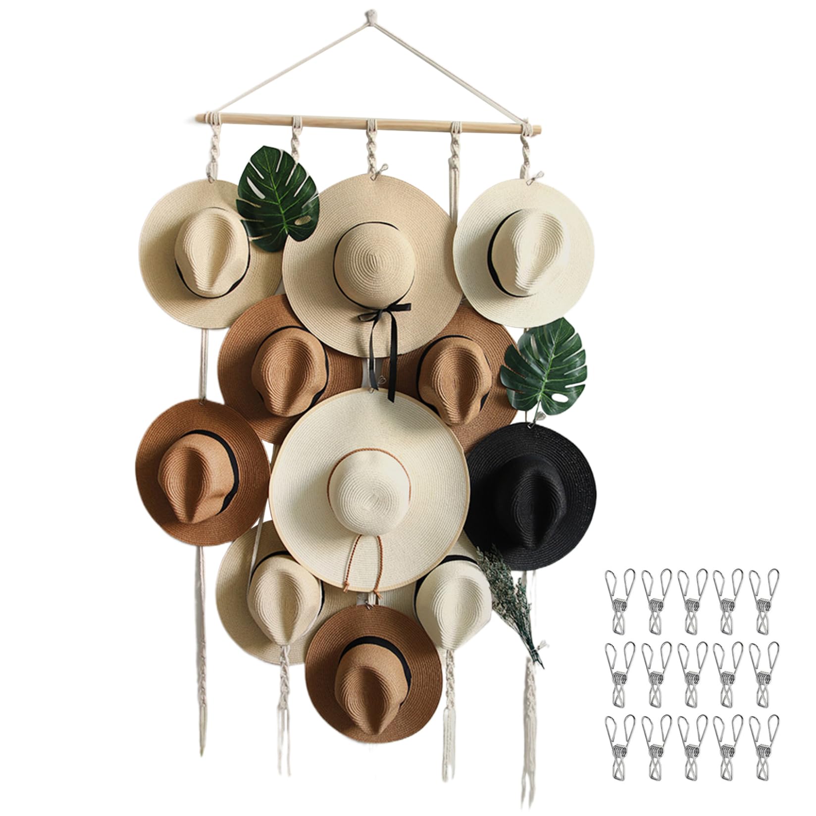 Hbbgdiy Macrame Hat Hanger for Wall with 12 Clips, Farmhouse Boho Hat Organizer Display Rack for Cowboy Hats, Sun Hats, Bedroom Wall Storage and Decoration