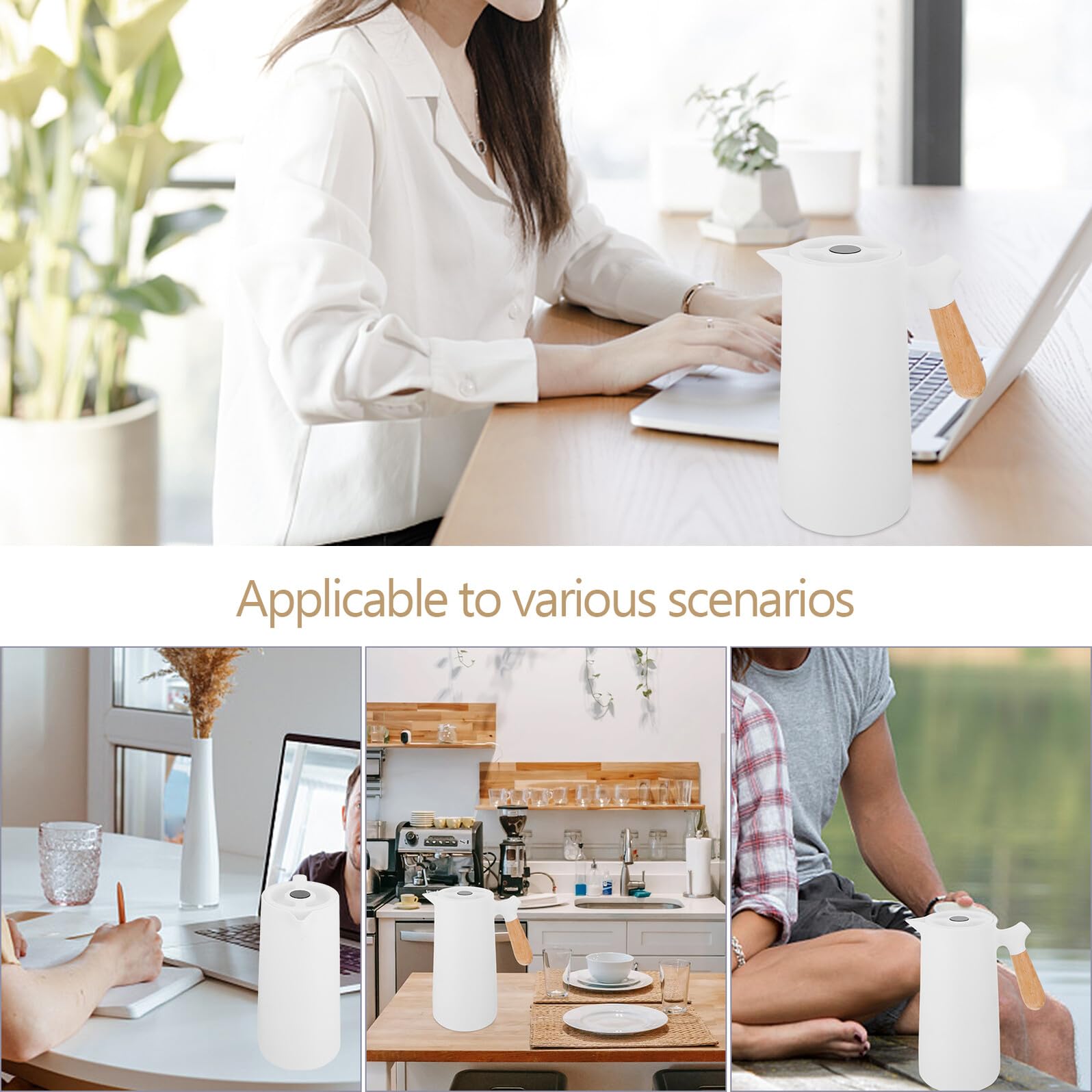 Alipis Isolierte Thermoskanne 1L mit Glas Einsatz Temperaturanzeige Doppelwandiger Warmhaltetopf für Zuhause Büro und Camping Bpa Frei Weiß