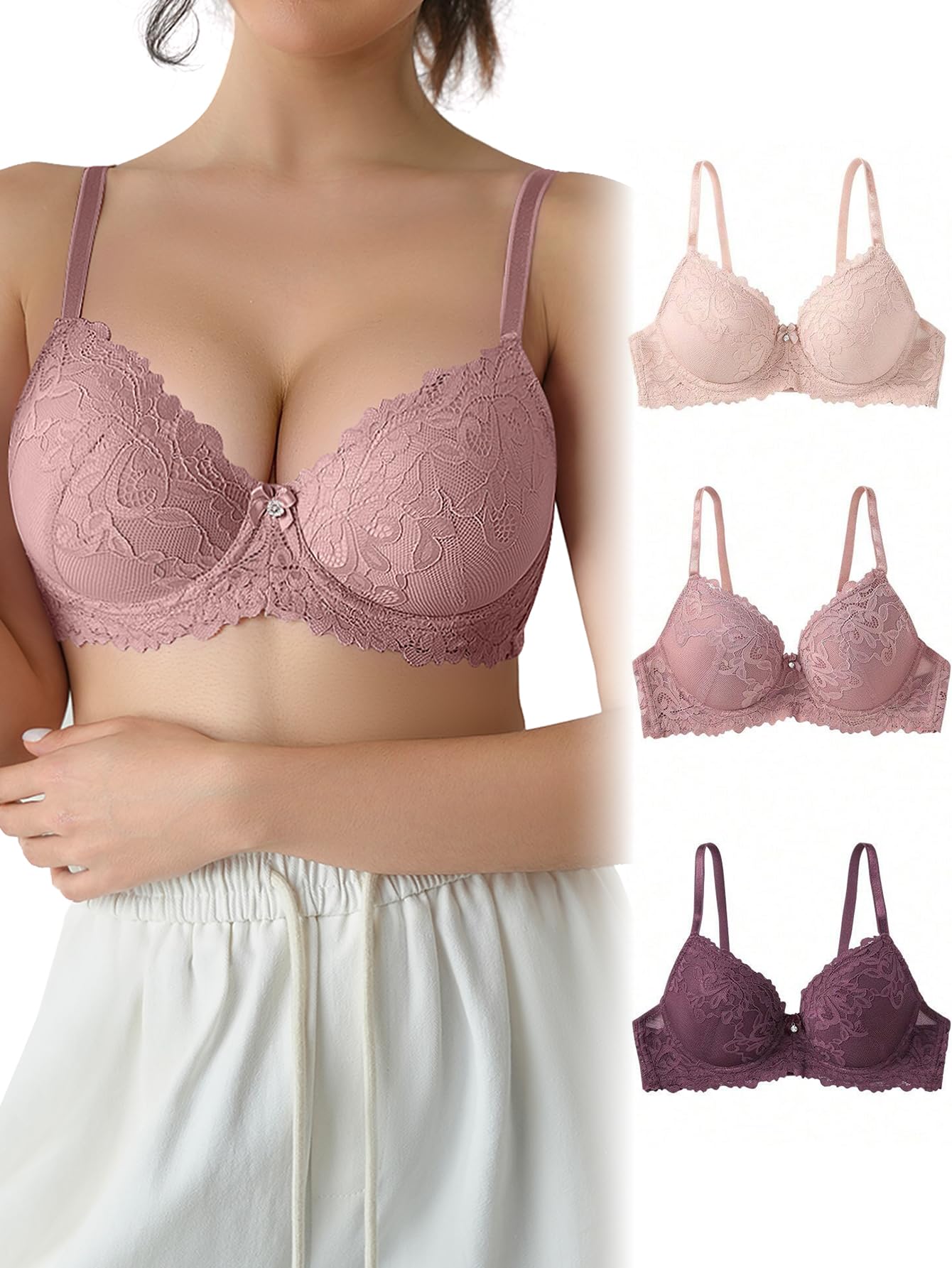 Women’s Daily Bra, 3 Pack Bras for Women Lace Bra, Lace Underwire Bra, Comfort Women’s Bras, Everyday Bra with Lace Wrapped Design, for Enhanced Breast Support & Sagging Prevention