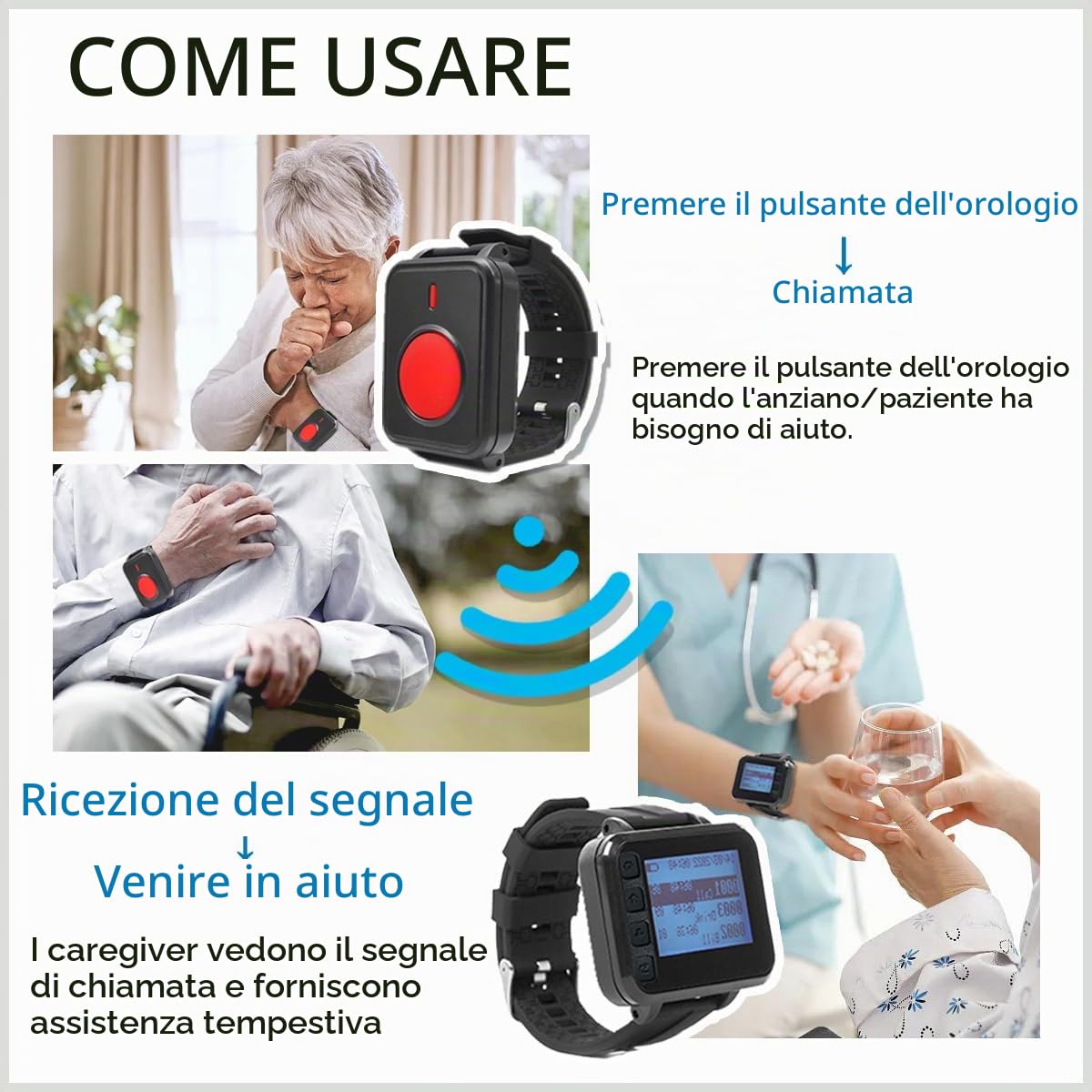 Pulsante Salvavita Anziani Senza Fili Pulsante Emergenza Cercapersone per Anziani Sistema Allarme per Monitoraggio Casa/Pazienti/Disabili con 1 Display Cicalino + 2 Polso Pulsanti