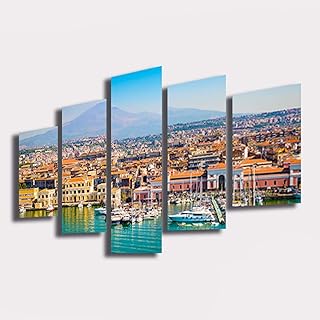 Quadro Moderno soggiorno CATANIA città Porto Mare citta' 100x70 cm 5 pezzi XXL Quadri Moderni Stampa Tela Canvas Arredamento Salotto Camera da letto Cucina Ufficio (100x70 cm (5pezzi)