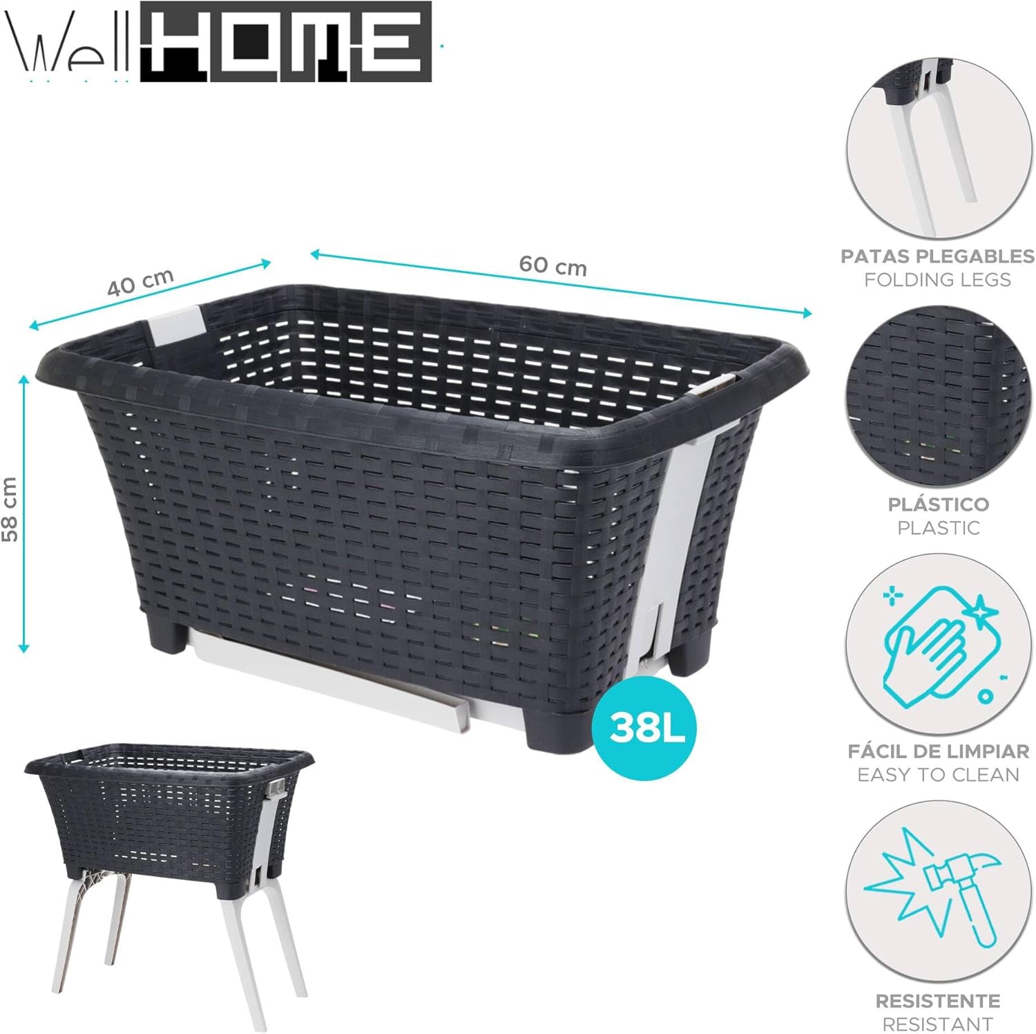 Well Home Panier à linge pour vêtements with pieds de 38 l de couleur anthracite