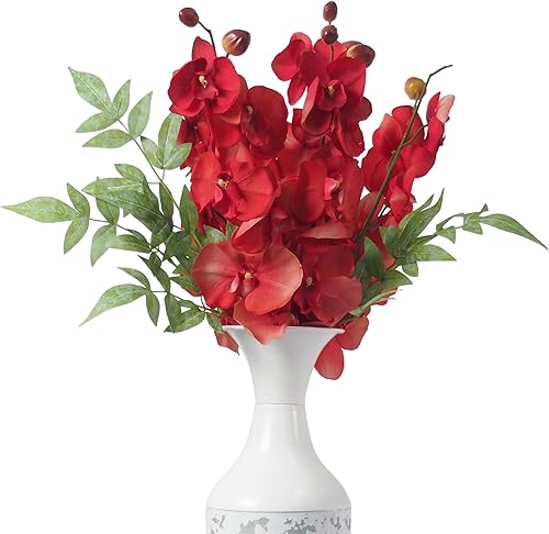 Miniatura 10 de Hosley Juego de 6 flores artificiales de orquídea de granja Phalaenopsis de 28 pulgadas de largo, Burgandy. Ideal para usar jarrones, para el hogar,