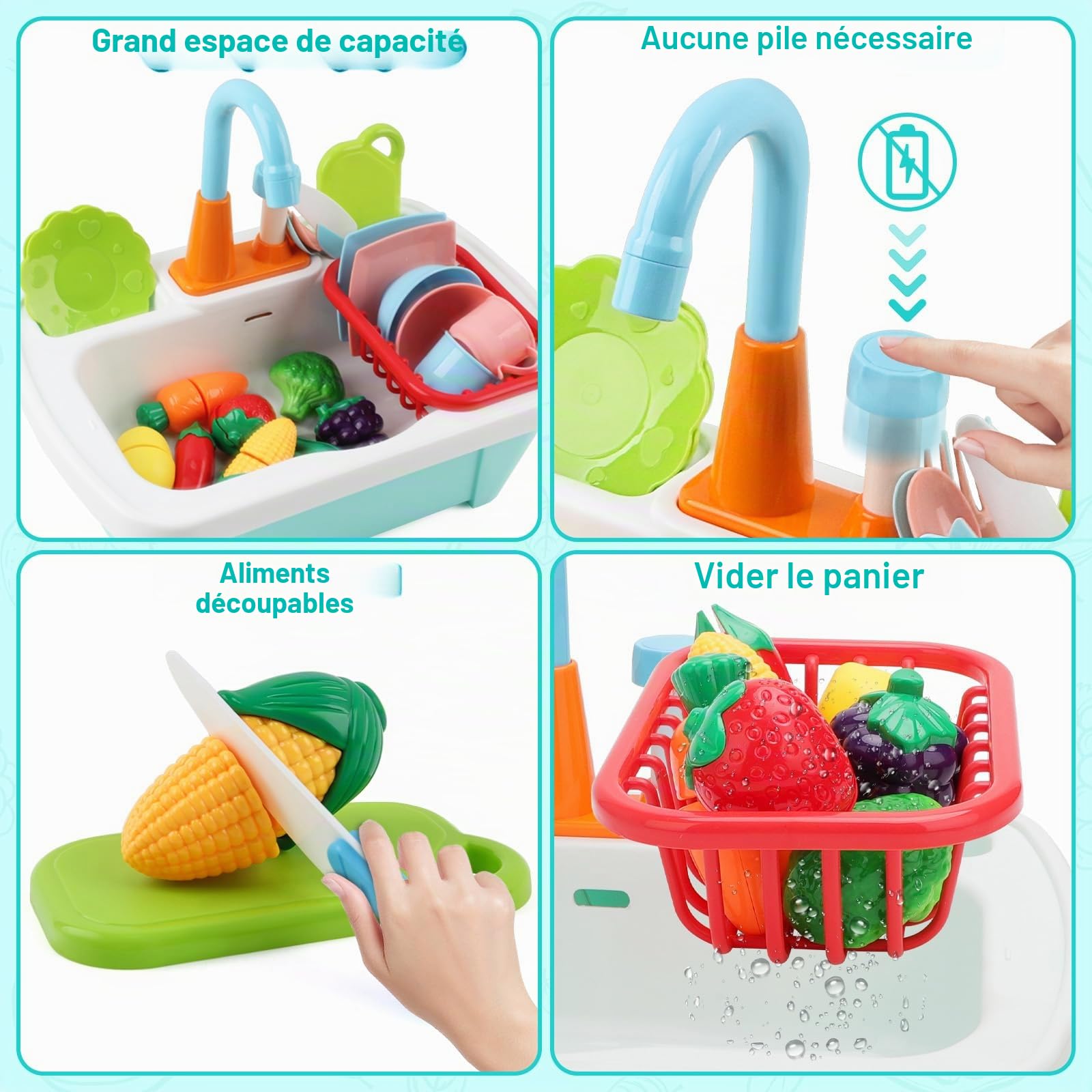 deAO 28 Pièces Évier de Cuisine Jouet pour Enfants avec Eau Courante,Incluant Vaisselle, Fruits,Vaisselle et Légumes Simulation,Jeu de Rôle Jouet d'Imitation pour Garçons Filles 3-12 Ans