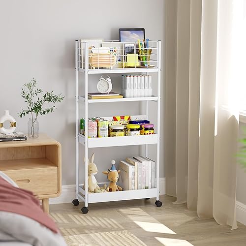 Miniatura 8 de KINGRACK Carrito de almacenamiento delgado, carrito de metal de 4 niveles con ruedas, estantería móvil estrecha, organizador de almacenamiento de