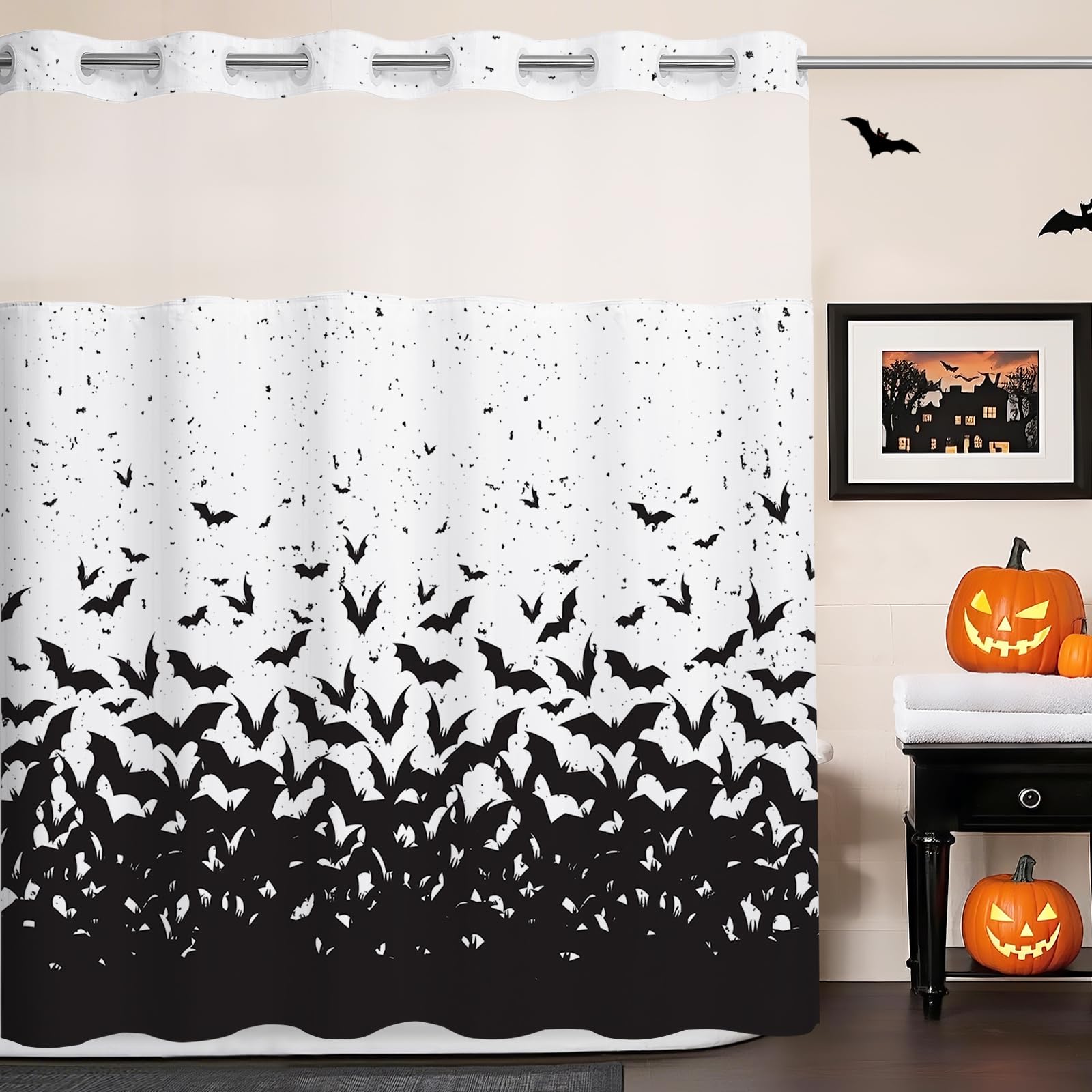 Rideau de douche Halloween doublure clipsable pour éviter moisissures et crochets