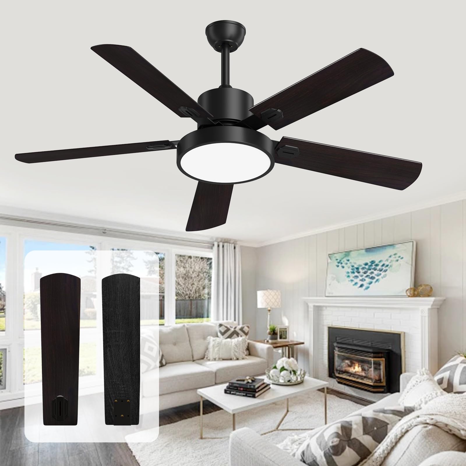 Ceiling Fans with Light and Remote,52 inch Black Outdoor Ceiling Fans for Patio,6 Speeds, 3 Color Tones Adjustable LED for Bedroom,Indoor, Modern Farmhouse or Living Room of The House