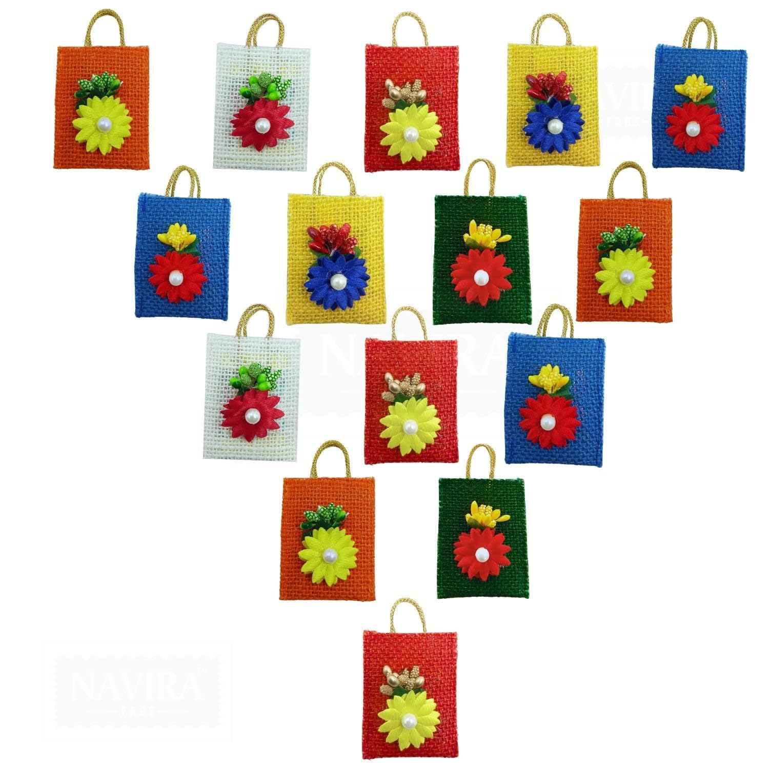 NAVIRA FABS Thamboolam Return Gift Set (Pack of 15) With Tilakam - Handmade Miniature Small Jute Pouch (Multi Color) - Tamboolam For religious ceremony Varalakshmi Pooja and Function | Pack of 15-image-17
