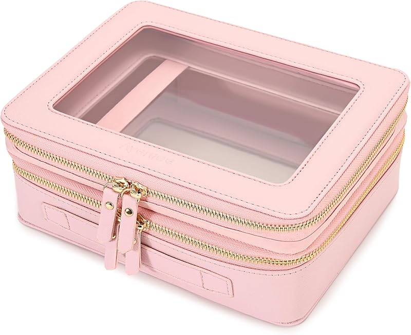 Necessaire de maquiagem Aveniee XL com 2 compartimentos, porta-pincéis e zíper, rosa