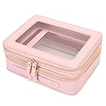 Aveniee XL Clear Makeup Organizer,Double Layer Travel Cosmetic Case with Brush Holder & Zippered Compartments,Big Toiletry Bag for Travel Accessories,2 Layers Large,Pink