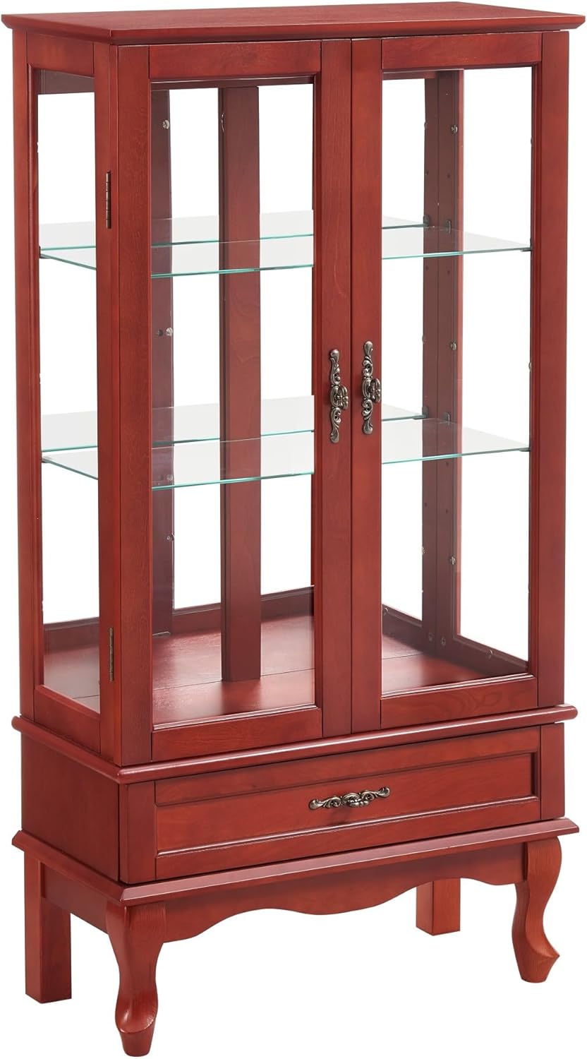KEIKI Lighted Glass Display Curio Cabinet, 49" Tall Display Case with Adjustable Glass Shelves and Mirrored Back Panel for Living Room, Kitchen, Light Blub Included, Cherry