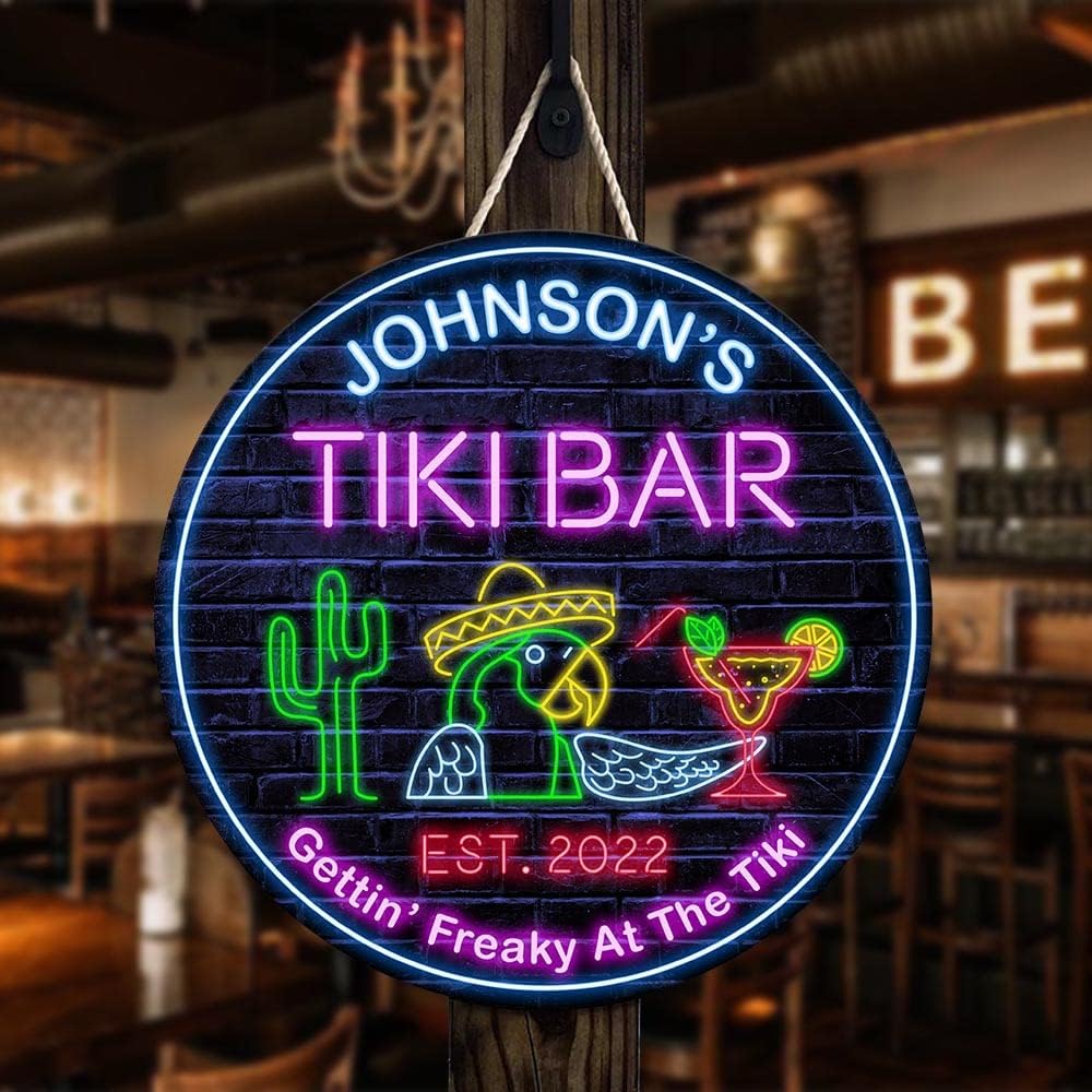 V VIBEPY-All Over Printed No Real Led Neon Tiki Bar Signs, Gettin' Freaky At The Tiki Signs, 12",18" Wood Signs, Tiki Lounge, Tiki Huts, Tiki Bar, Welcome Sign, Door Signs, Bar Signs, Tiki Signs