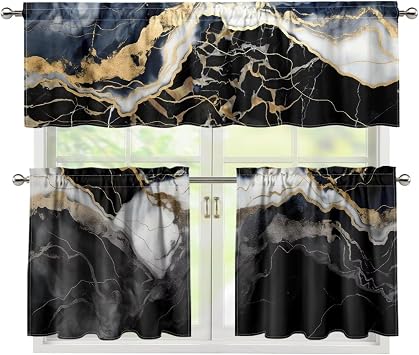 Black Marble Kitchen Curtains Set Short Half Curtains 24 Inches Length, 3 Pieces Kitchen Curtains Set Kitchen Window Curtains Tier and Valance Curtain Set for Bedroom Living Room