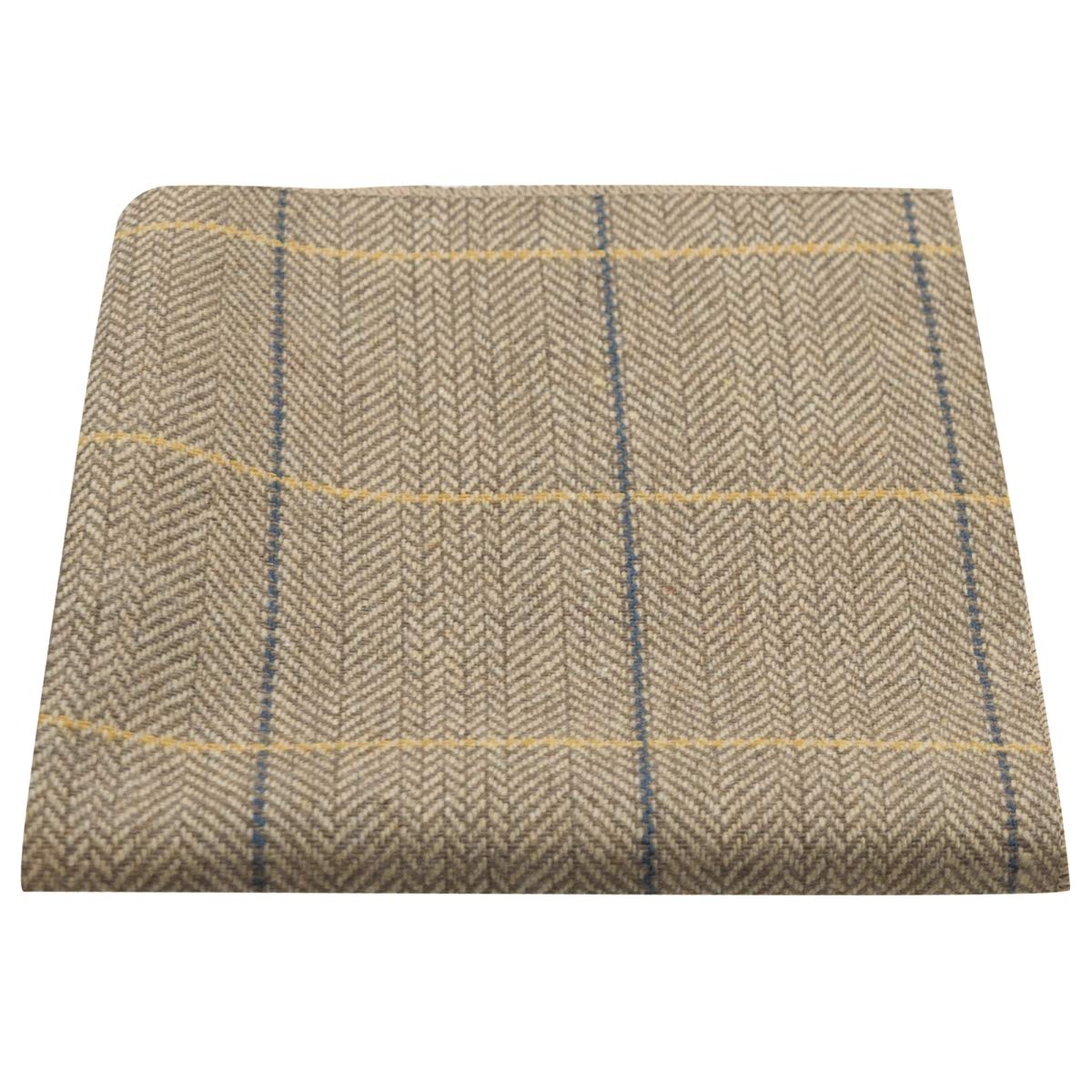 King & Priory Luxury Light Oak Herringbone Check Pocket Square, Handkerchief, Tweed