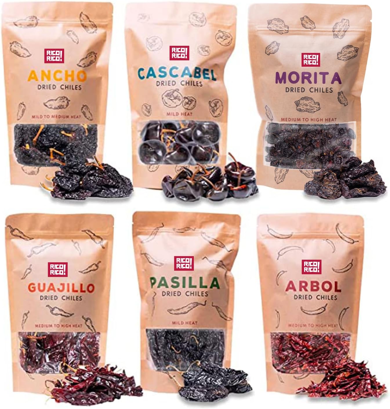 RICO RICO Dried Peppers 6 Pack Bundle - Ancho, Arbol, Guajillo, Pasilla, Chipotle, Cascabel Super Pack of Chiles by RICO RICO