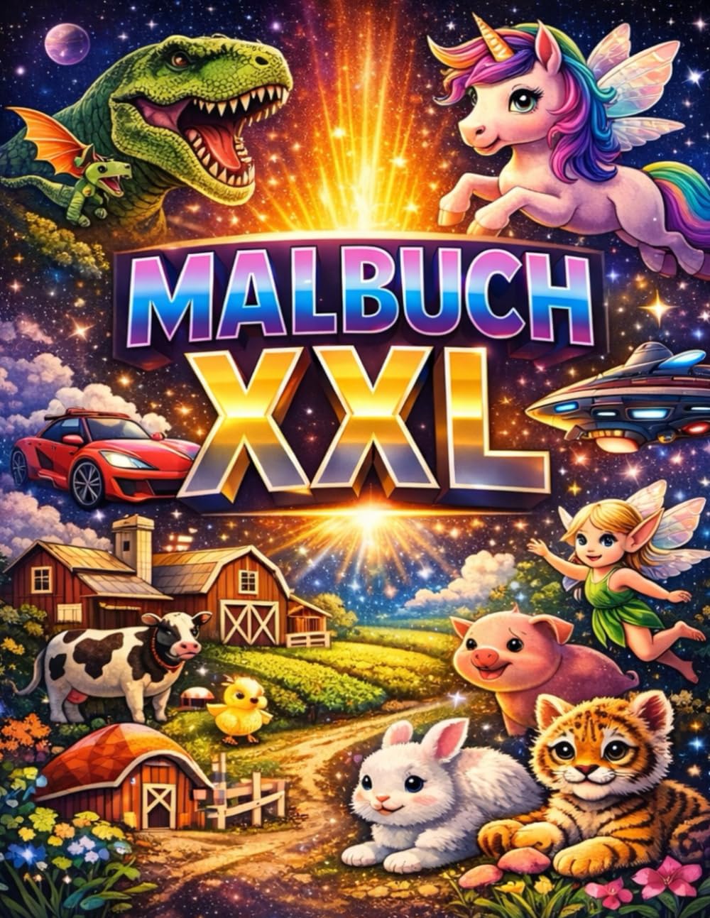 Malbuch xxl: Über 170 detailreiche Ausmalmotive mit Tierbabys,Feen,Einhörner. Dinos, Fahrzeugen Bauernhof, Sci-Fi welten,uvm – Malspaß für Jungs und ... Förderung von Kreativität und Konzentration.