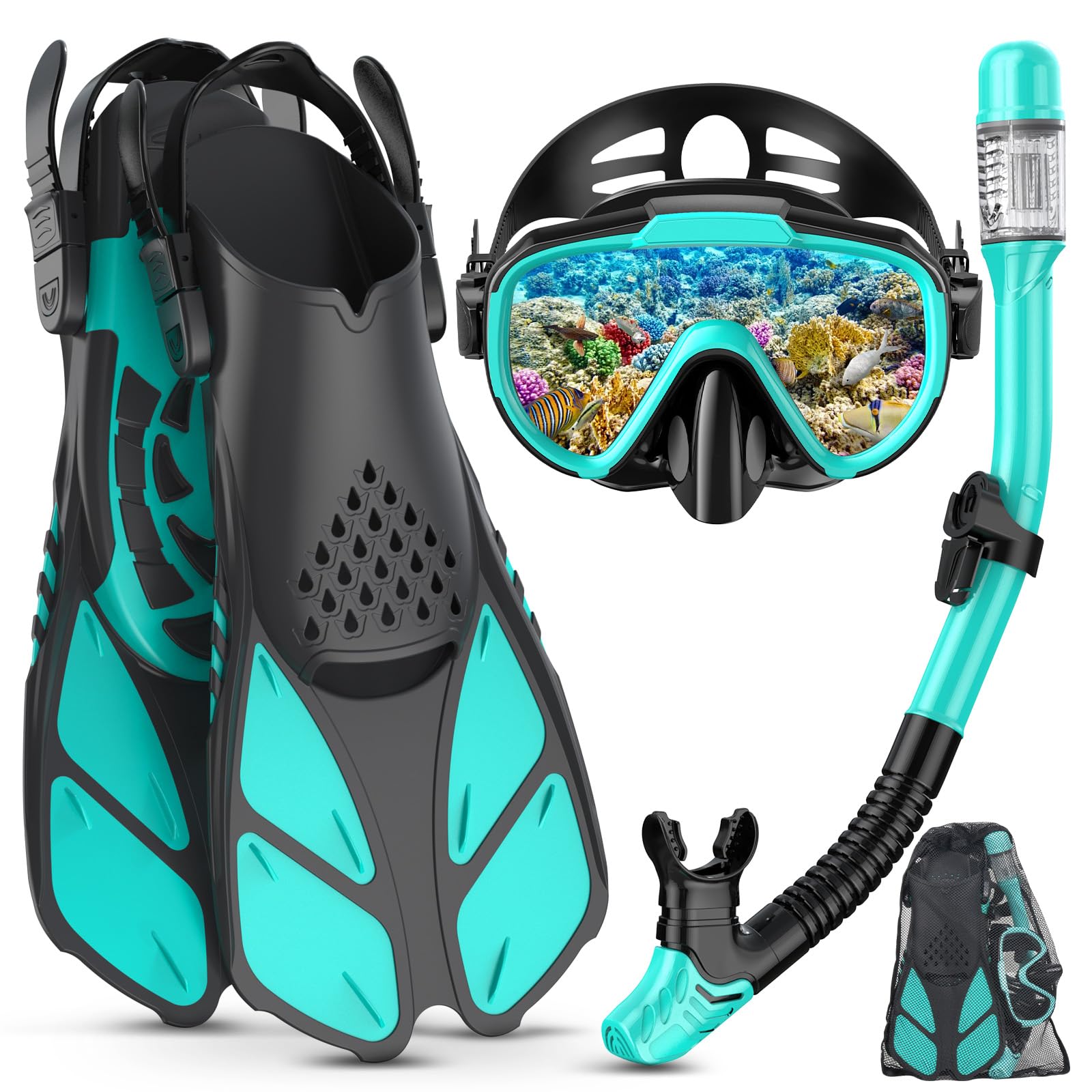 Snorkel Set Adult with Flippers, Anti-Fog Diving Set, Dry Snorkel, Adjustable Flippers, Snorkelling Packages for Men and Women