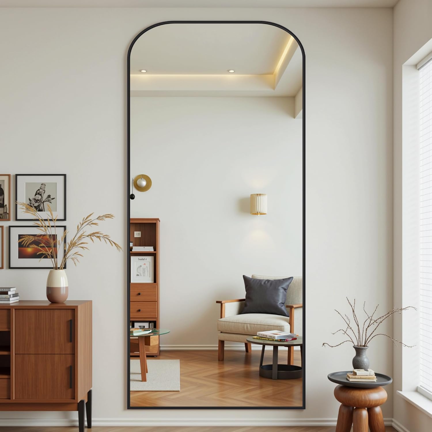 Antok Full Length Mirror with Stand, 76"x34"Floor Mirrors with Aluminum Frame, Rounded Top Floor Standing & Wall Mountable Mirror for Bedroom, Living Room, Black