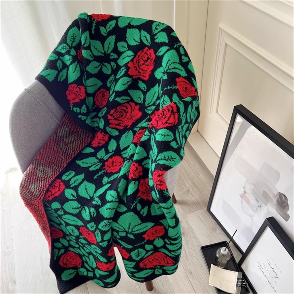 American Retro Red Rose Sofa Blanket, Thickened Half-Velvet High-end Blanket, Nap Quilt(100cmx150cm)