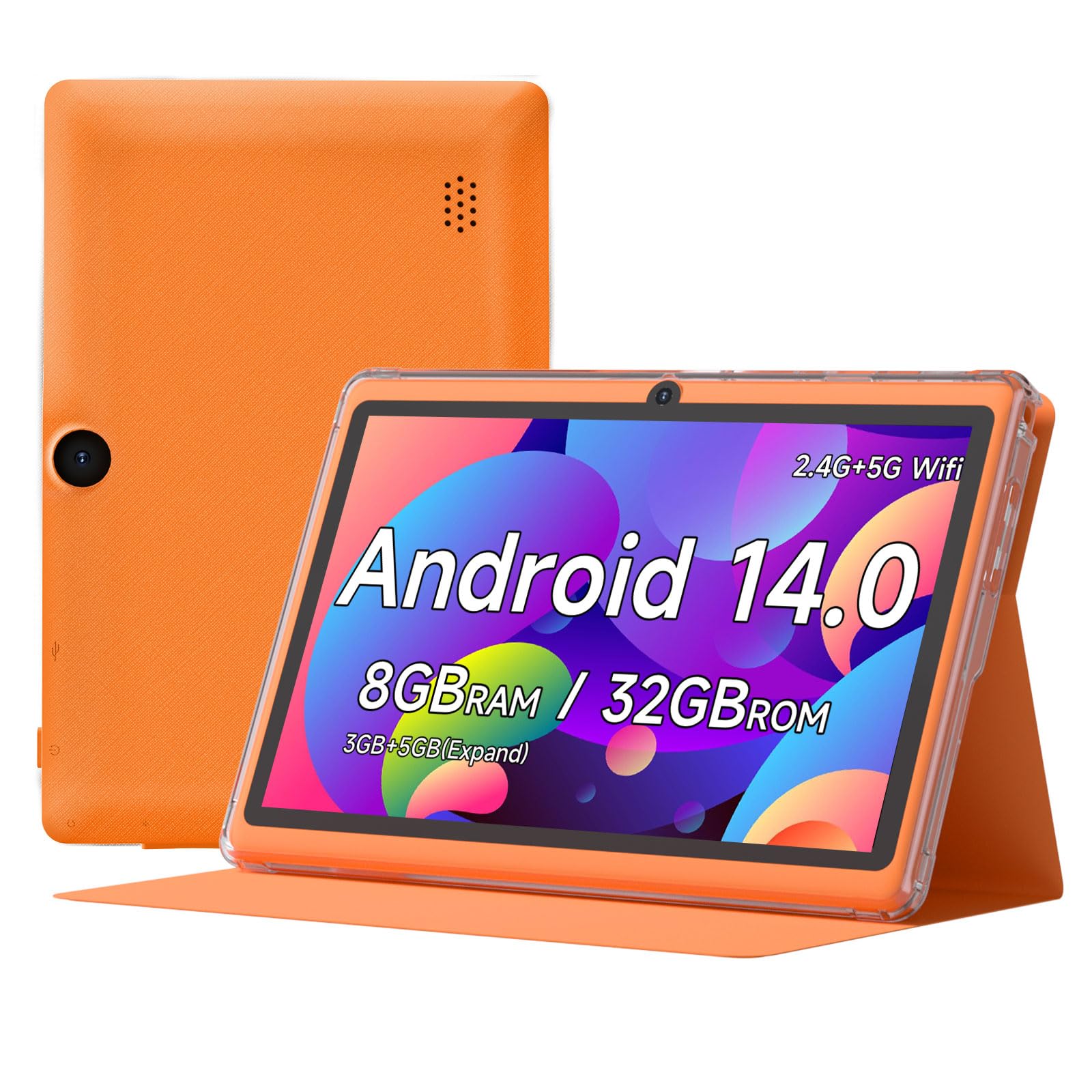 Tablette avec étui de protection, tablette 7" Android 15.0 Tab PC RAM 8 Go (3 + 5 extensions) ROM 32 Go, IPS 1024 * 600 BT 5.0 WiFi6 2,4 G+5 G 2 MP + 5 MP double caméras, YouTube, Netfilx