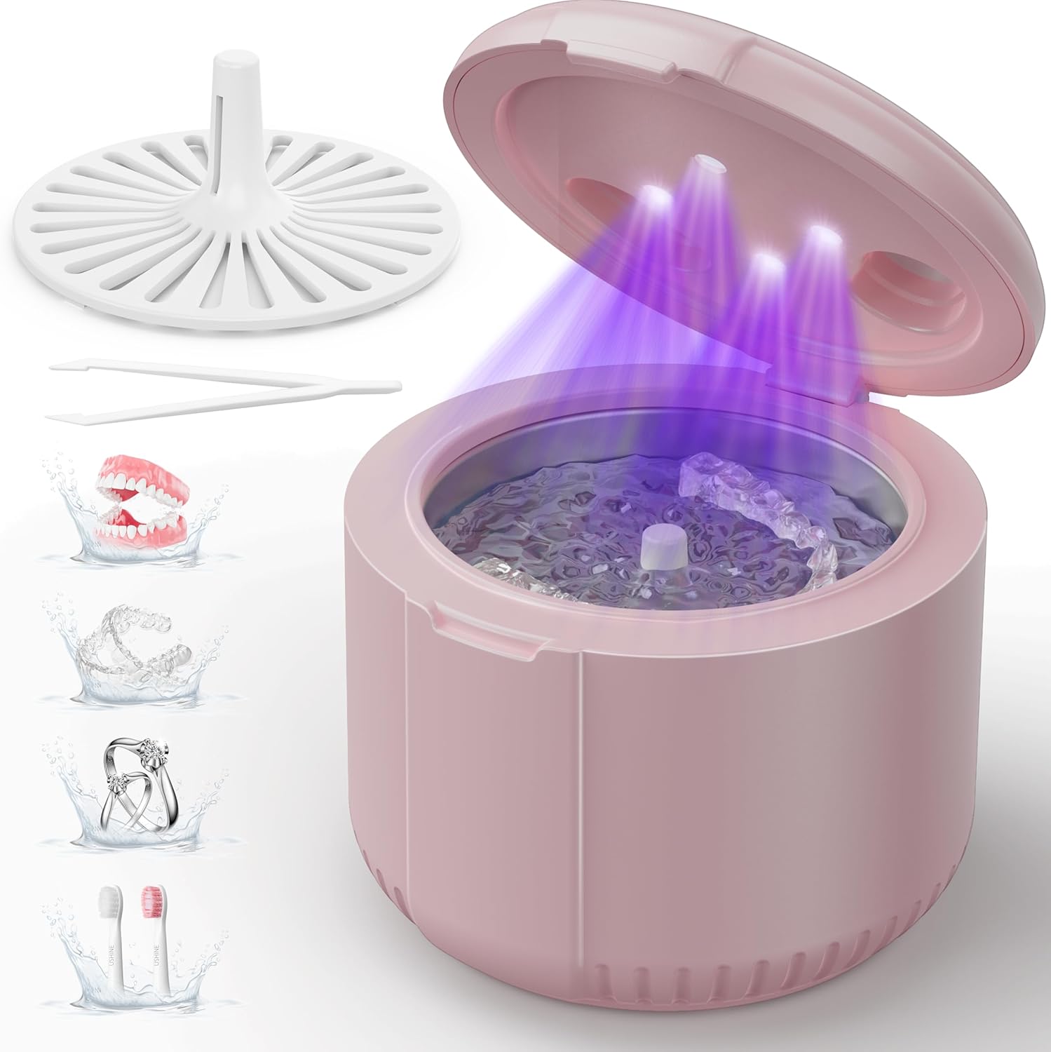 45kHz Ultrasonic Retainer Cleaner, Dental Cleaning Pod for Mouth Guard, Invisalign, Aligner, Night Guard, Braces, Toothbrush, Jewelry, Powerful Denture Cleaner Machine with Digital Timer(Pink)
