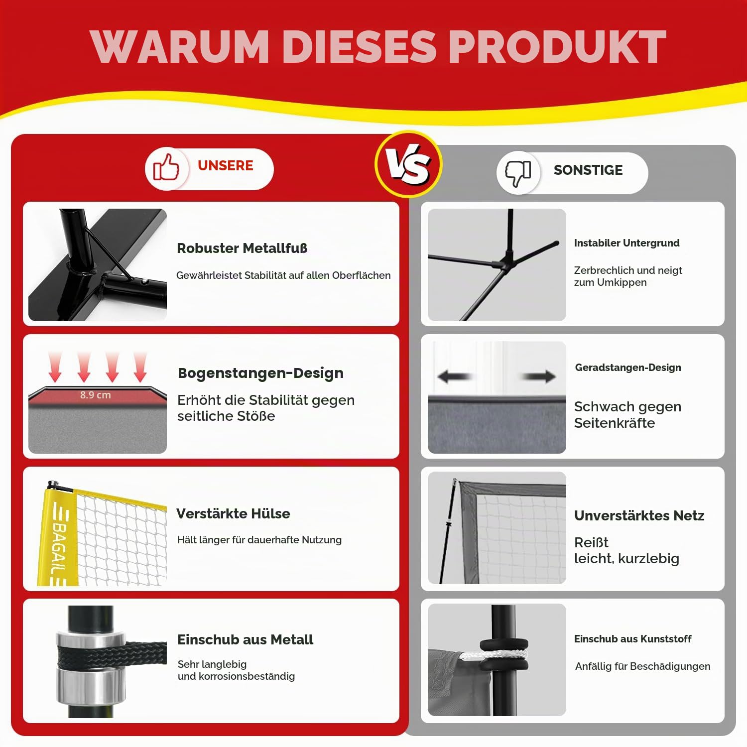 BAGAIL Volleyballnetz, 3.6m/6.1m Volleyballnetz für den Garten - Verstellbare Höhe, Heavy-Duty-Rahmen, Freistehendes Design - Tragbares Outdoor/Indoor-Volleyball-Set mit Tragetasche
