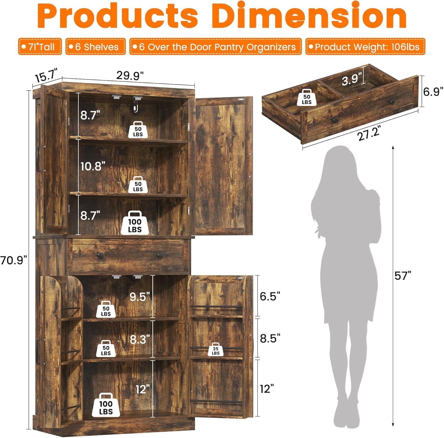 47” Pantry Cabinet, Kitchen Pantry Stora Cabinet with Doors & Adjustable