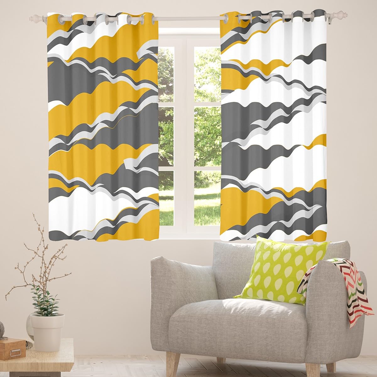 Tende oscuranti per camera da letto, motivo geometrico, con linee vivaci e motivo Ogee, larghezza 52 x lunghezza 95, tenda per finestra per camera da letto, colore: giallo grigio bianco