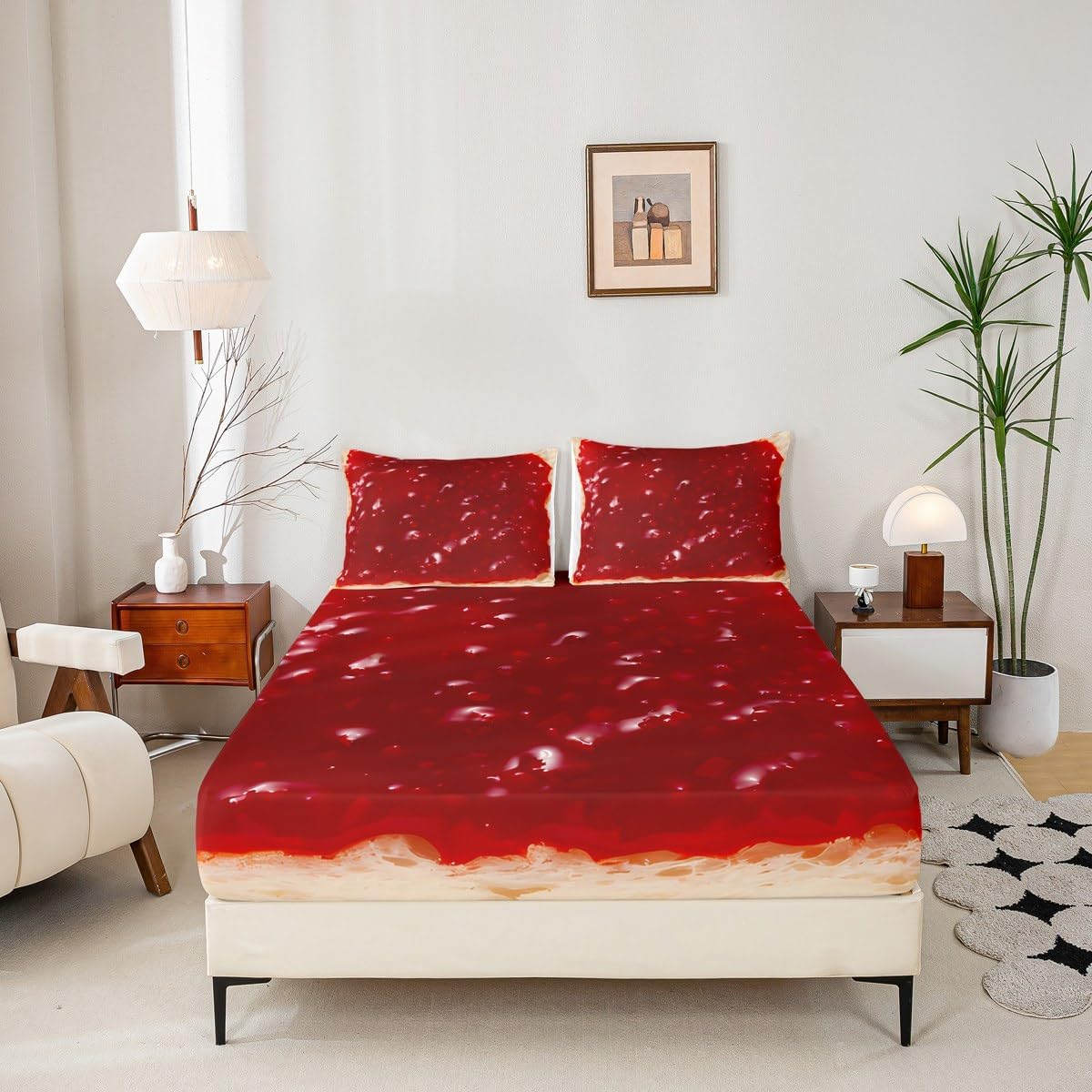 Toast with Strawberry Jam Bedding Set Full Size for Boys Girls, Toast Bread Bed Sheet Set Sweet Strawberry Fitted Sheet Realistic Food Bed Cover with 2 Pillow Case (No Flat Sheet)