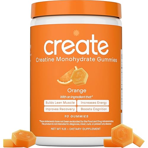 Create Creatine Monohydrate Gummies for Men & Women, Boost Focus, Strength, and Endurance, Anti-Melting Formula, Vegan, Gluten-Free, Non-GMO, 1.5g of Creatine per Gummy (Orange, 90 ct)