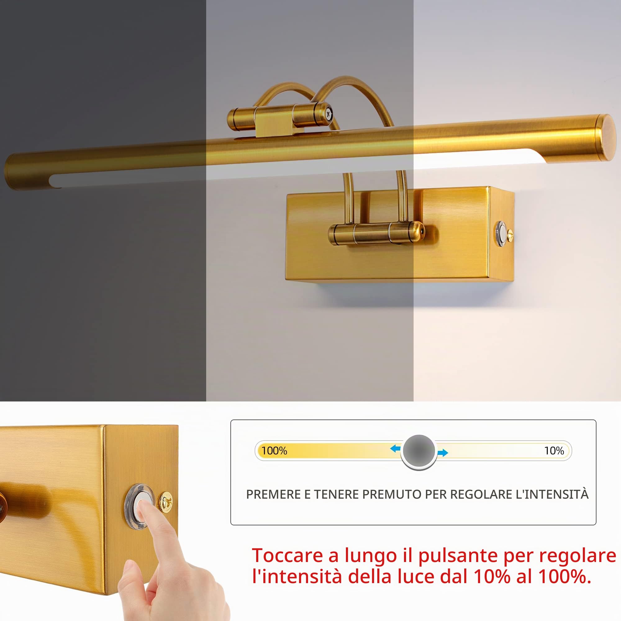MantoLite Dimmerabile LED Lampade da Parete per Quadri, 40CM 10W Illuminazione Interni Girevole Lampade,Ottone Specchio da Bagno Illuminazioni per Pareti Lampade Lettura Applique 3000K/4500K/6000K
