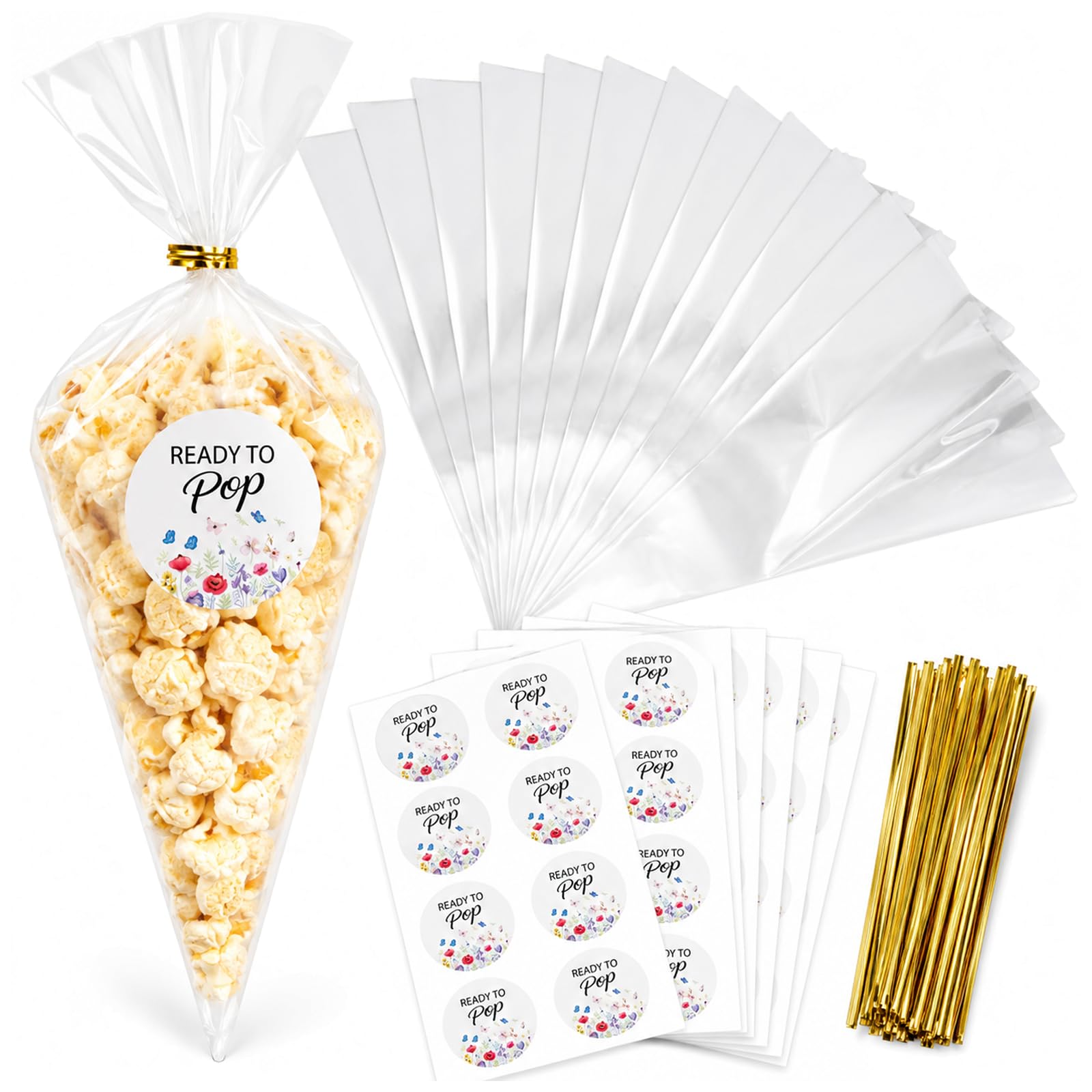 HgaftnK 50 Pcs Baby Shower Favours for Guests Ready to Pop Popcorn Cone Bags Set, Cellophane Treat Bags with Floral Stickers and Gold Ties, for Guests Gender Reveal Party Decorations