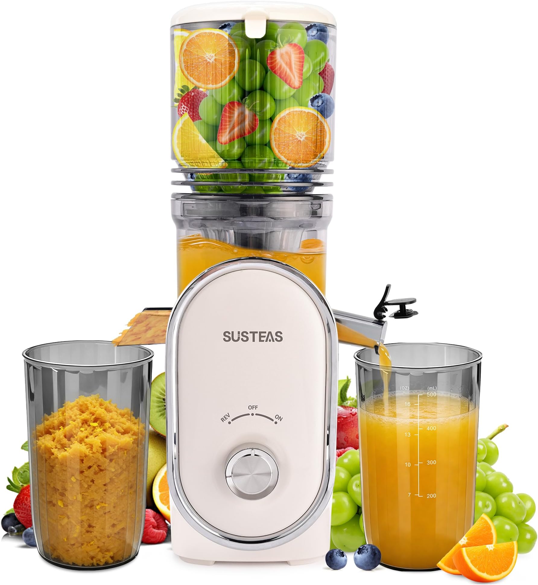 SUSTEAS Cold Press Juicer, 5.3" Feed Chute Slow Masticating Machines with 300W, Fit Whole Fruits & Vegetables, Easy to Clean, High Juice Yield, White