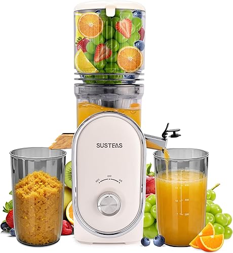 SUSTEAS Exprimidor de Prensa Fría, Conducto de Alimentación de 5.3", Máquinas de Masticación Lenta con 300W, Se Adapta a Frutas y Verduras Enteras,