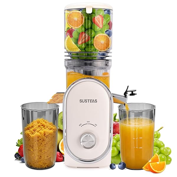SUSTEAS Cold Press Juicer, 5.3" Feed Chute Slow Masticating Machines with 300W, Fit Whole Fruits & Vegetables, High Juice Yield, Easy to Clean, White