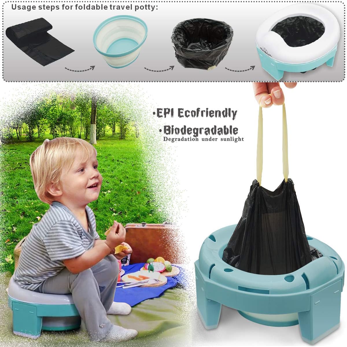BlueSnail Disposable Potty Liners with Drawstring, On-The-Go Refill Disposable Bags 120 Count(black)