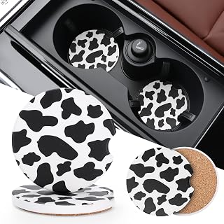 Car Coasters by DSNDVES - Car Cup Mat 2 Pack - 2.56'' Ceramic Car Coasters for Cup Holders - Absorbent Car Coaster with Cork Back and Finger Notch for Easy Move of Auto Cup Holder The Cow Pattern