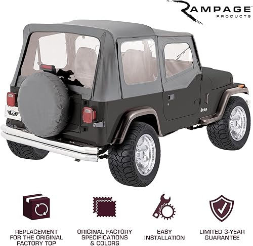 Miniatura 2 de RAMPAGE PRODUCTS Parte superior suave completa para Jeep Wrangler YJ  Ventanas transparentes, incluye marco y herrajes, vinilo, mezclilla gris