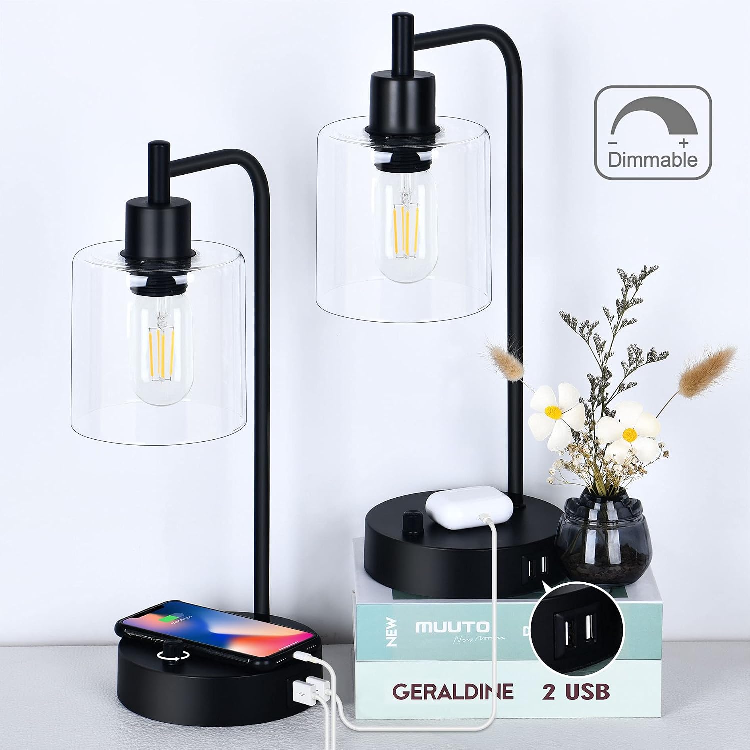winshine Set of 2 Industrial Table Lamp with 2 USB Ports, Fully Dimmable Nightstand Desk Lamp with 60W Equivalent Bulb, Glass Shade Bedside Lamp for Bedroom, Living Room, LED Bulbs Included
