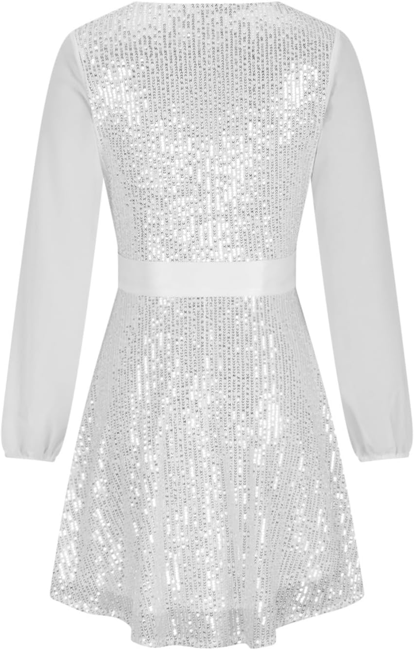 Women Loose Sparkly Sequin Mini Dress,V Neck Long Sleeve Party Dress