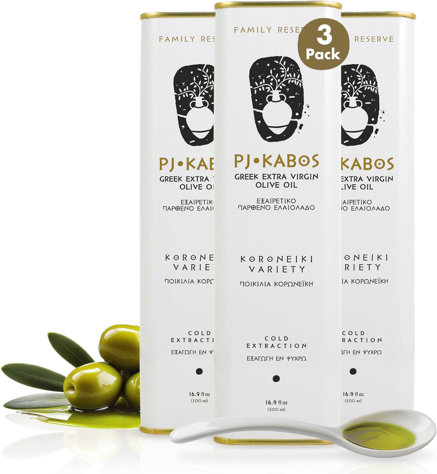P.J. KABOS Fresh 2025/26 Harvest, High Phenolic (400+mg/kg), Natural Greek Extra Virgin Olive Oil, Kosher, Greece, Cold Extracted, 16.9 oz Tin, Koroneiki, "Family Reserve -Medium" (3-Pack)