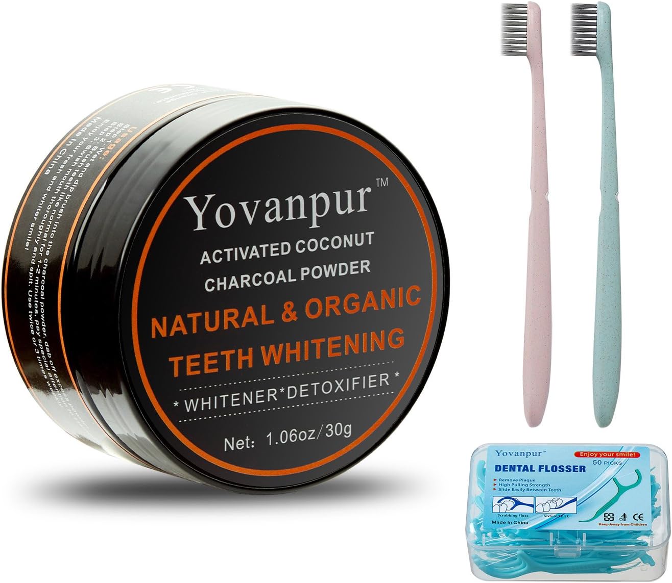 Teeth Whitening – Yovanpur Activated Charcoal Teeth Whitener with 50 Picks Dental Floss and 2 Wheat Straw Bamboo Charcoal Toothbrushes
