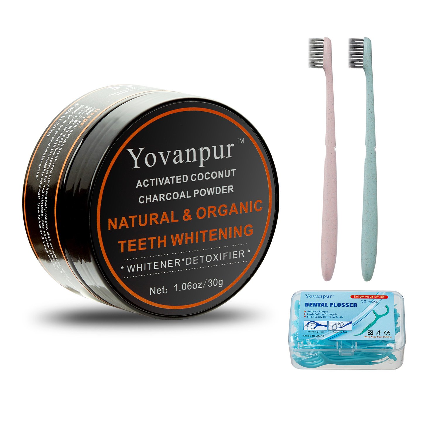 Teeth Whitening – Yovanpur Activated Charcoal Teeth Whitener with 50 Picks Dental Floss and 2 Wheat Straw Bamboo Charcoal Toothbrushes