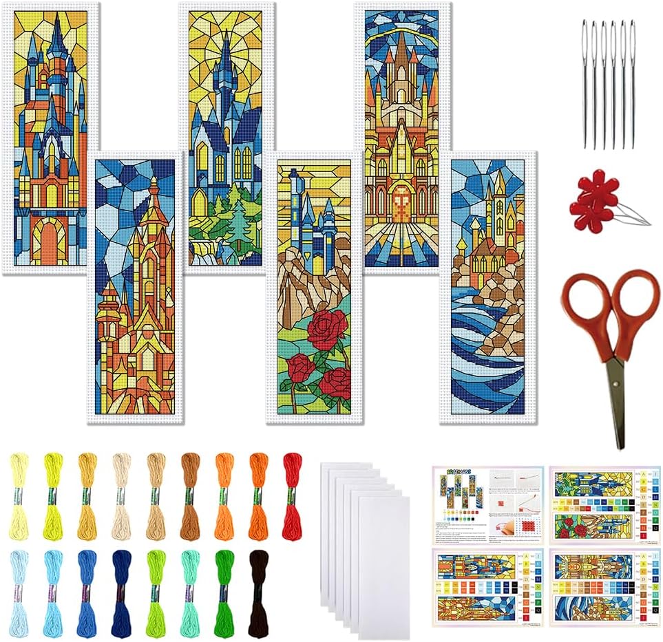 FREEBLOSS 6 Set Cross Stitch Bookmark Kit 11 CT Stamped Cross Stitch Kit DIY Embroidery Bookmark Kits for Adult Beginners with Instructions, Stained Glass Castle Pattern, 6 x 20 cm/8" x 2.4"