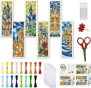 FREEBLOSS 6 Set Cross Stitch Bookmark Kit 11 CT Stamped Cross Stitch Kit DIY Embroidery Bookmark Kits for Adult Beginners with Instructions, Stained Glass Castle Pattern, 6 x 20 cm/8" x 2.4"